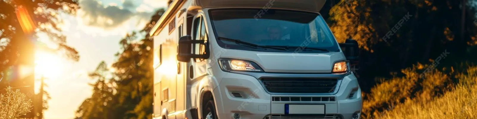 RV driving at sunset — shop RV parts, hitches, solar, and generators